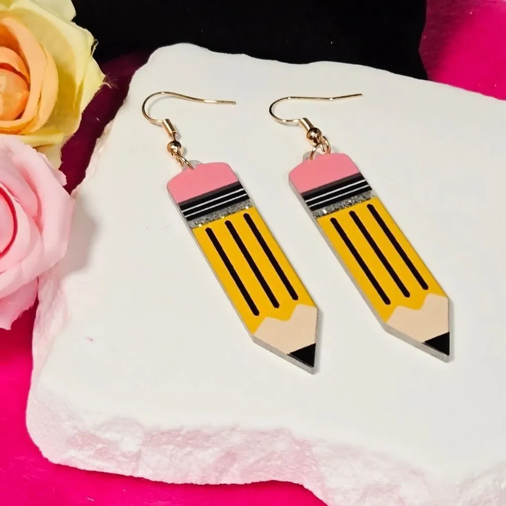 Cute Yellow Pencil Teacher Earrings Glitter Novelty Dangle Classroom School Gift